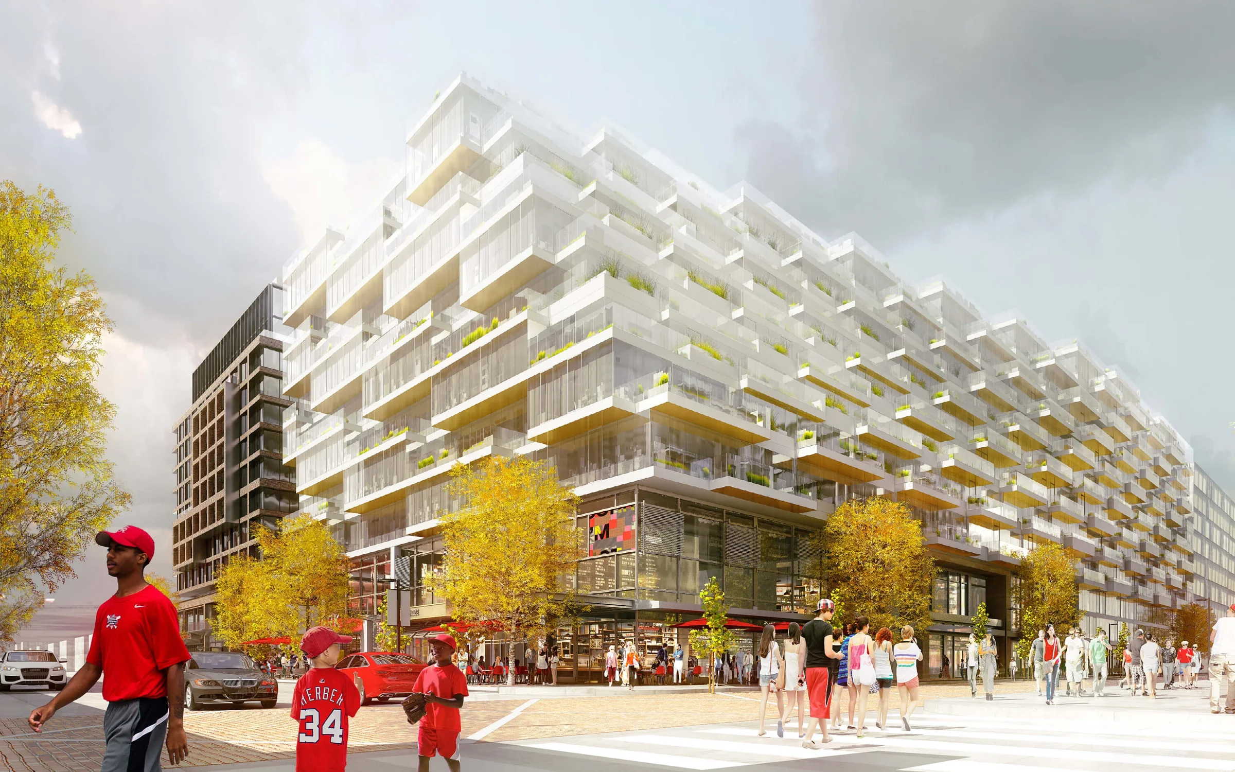 Rendering of the 1205 Collection on game day: the stepped glass building over a retail base, fans in red crossing toward the ballpark