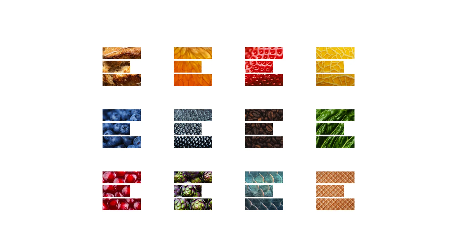Twelve versions of the E monogram filled with textures: bread, citrus, strawberry, blueberry, coffee, scales