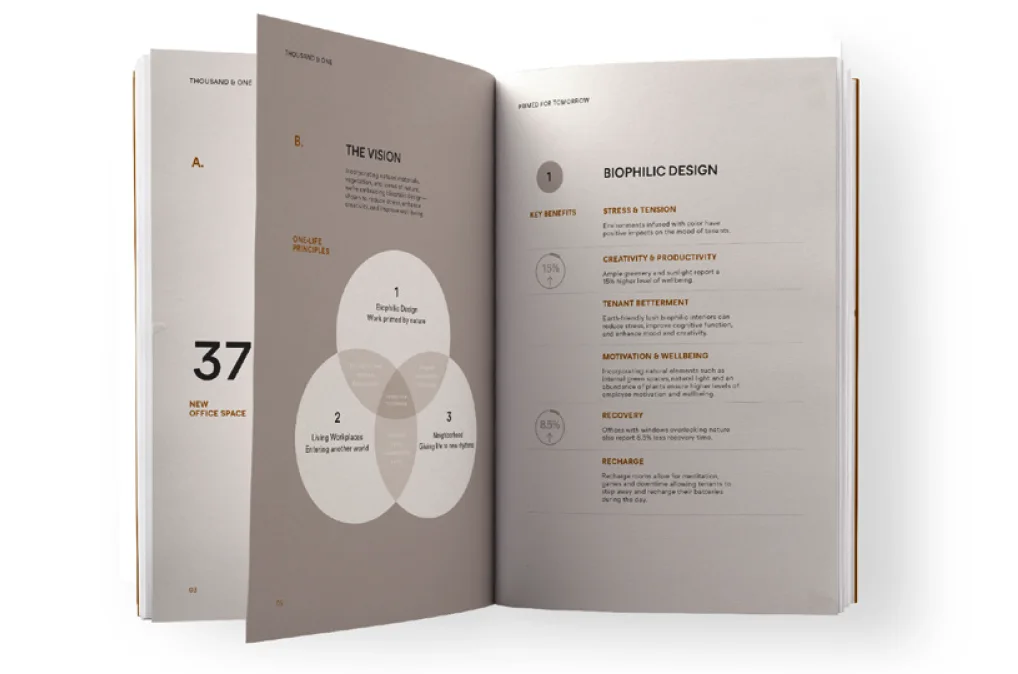 Open Thousand & One book showing The Vision Venn diagram and a Biophilic Design page