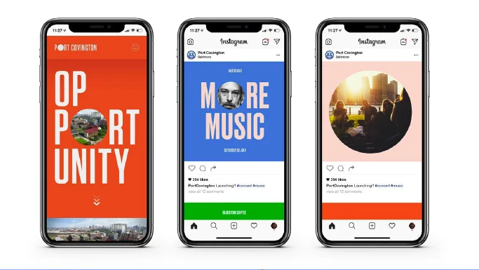 Three phone screens: the Port Covington site reading OPPORTUNITY with a window in the O, and two Instagram posts, More Music and a sunset gathering
