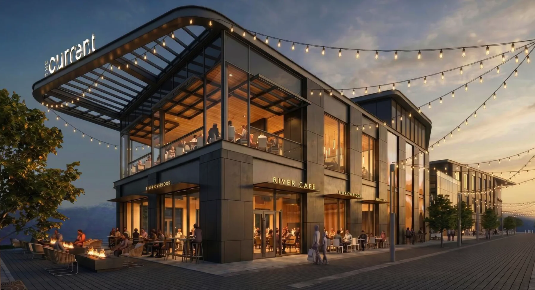 Rendering of The Current at dusk: a glass pavilion with River Cafe and River Overlook on the ground floor and string lights overhead