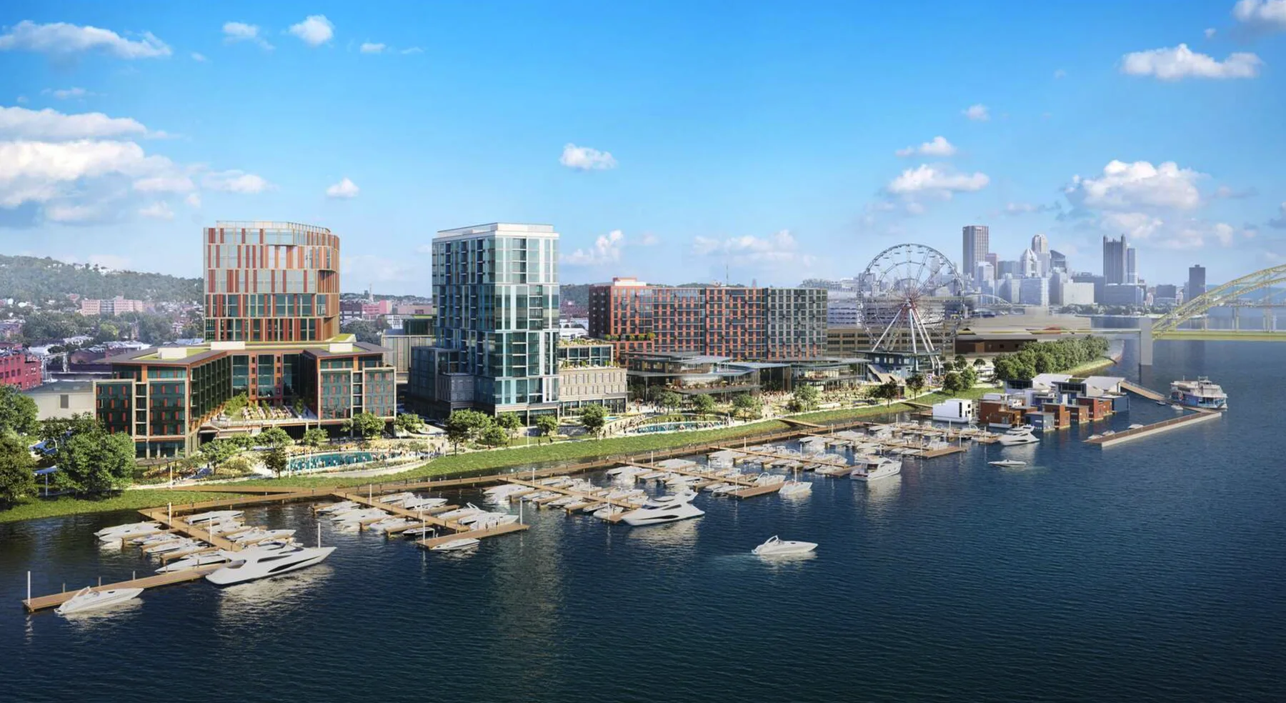 Aerial rendering of The Esplanade on the Ohio River: marina, Ferris wheel and towers with downtown Pittsburgh behind