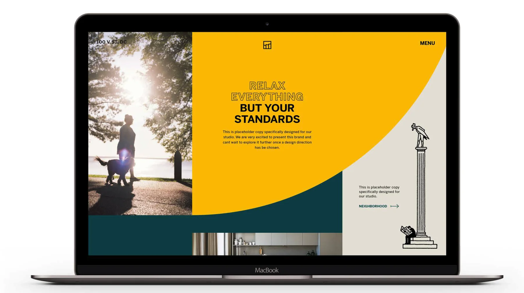 Laptop showing The Stacks website: Relax everything but your standards, with a yellow curve and a line illustration