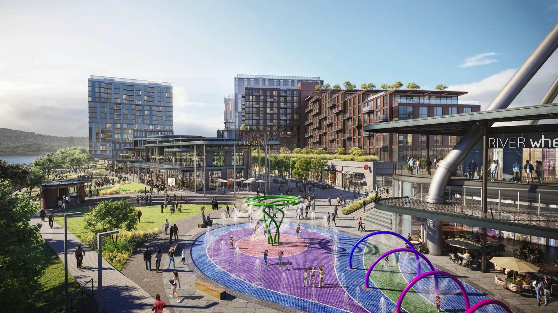 Rendering of the riverfront splash plaza with The Current culinary hub and the River Wheel