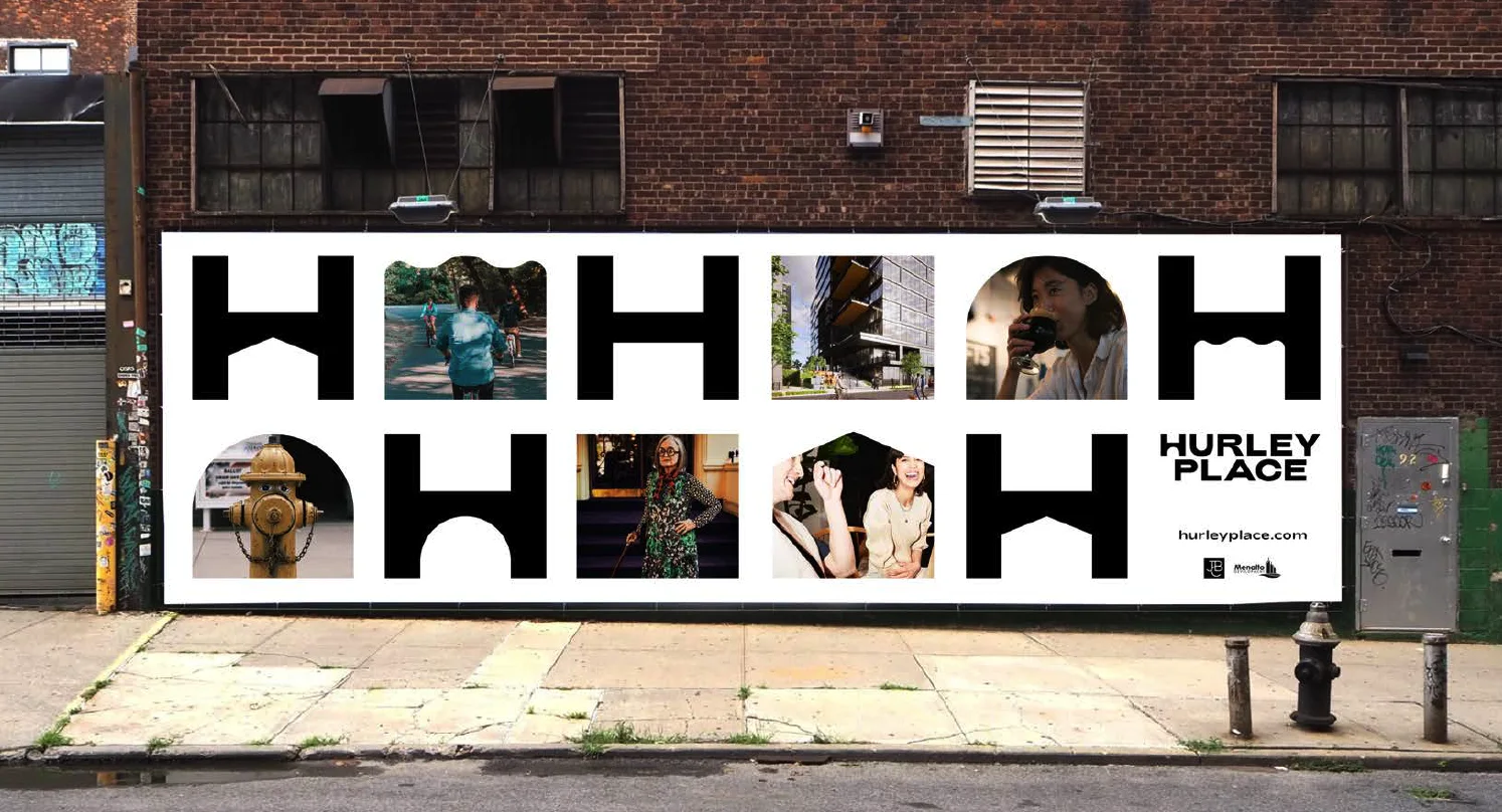 Hurley Place billboard on a brick warehouse: a grid of black H letterforms, each window filled with a photograph of the neighborhood