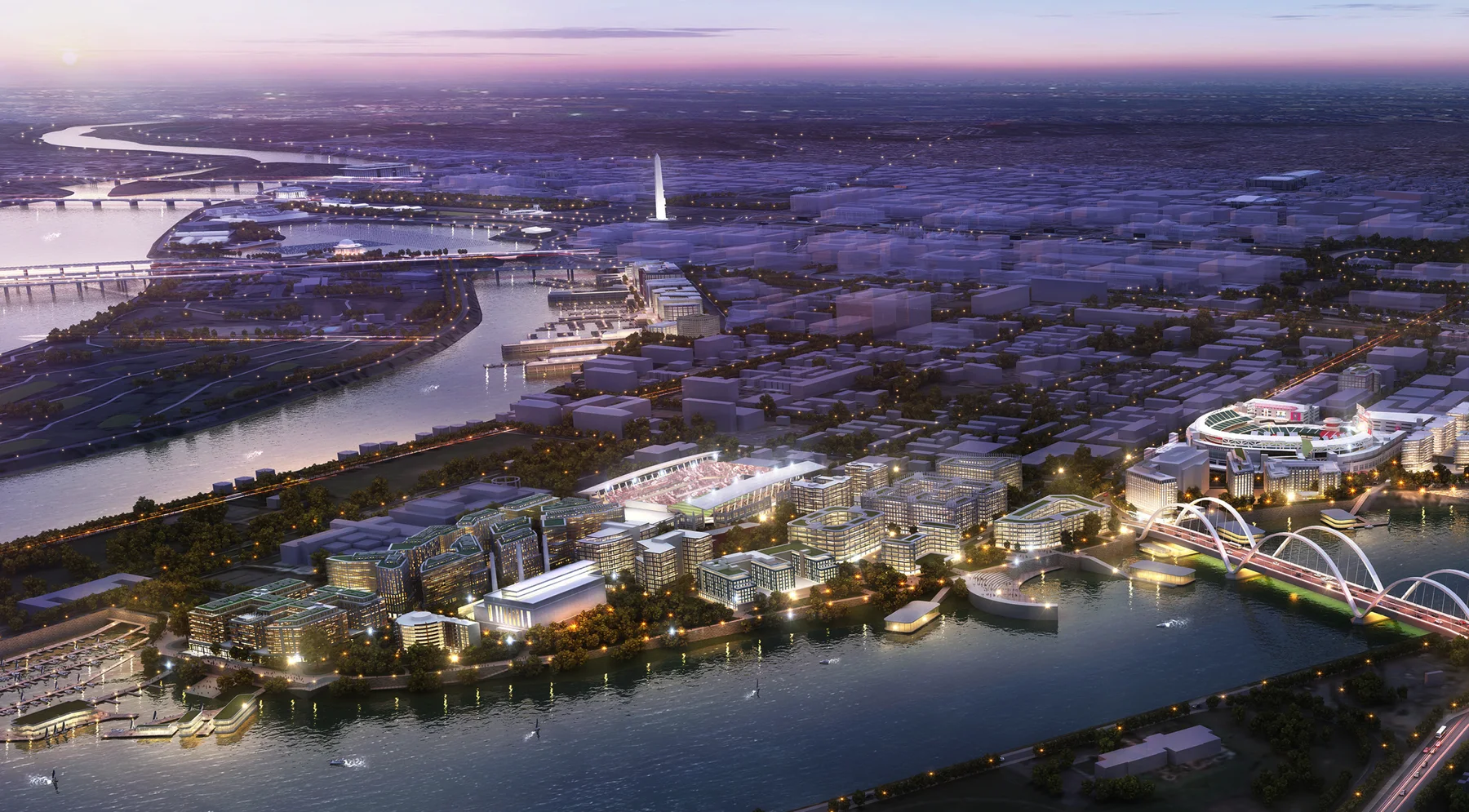 Aerial rendering of Buzzard Point at dusk with The Stacks, Nationals Park and the monuments beyond