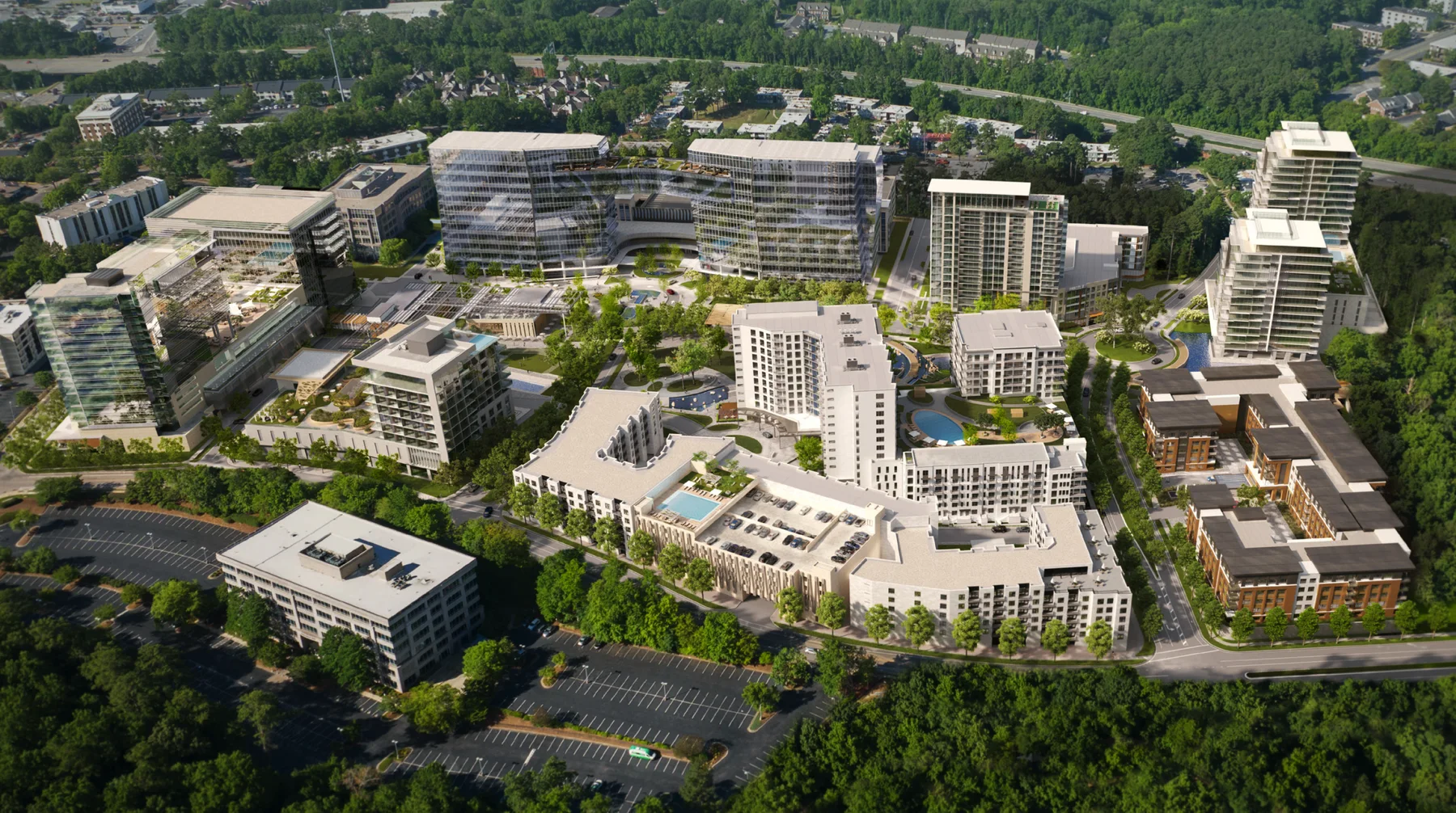 Aerial rendering of the full 40-acre Exchange district: office towers, apartment blocks and the central park