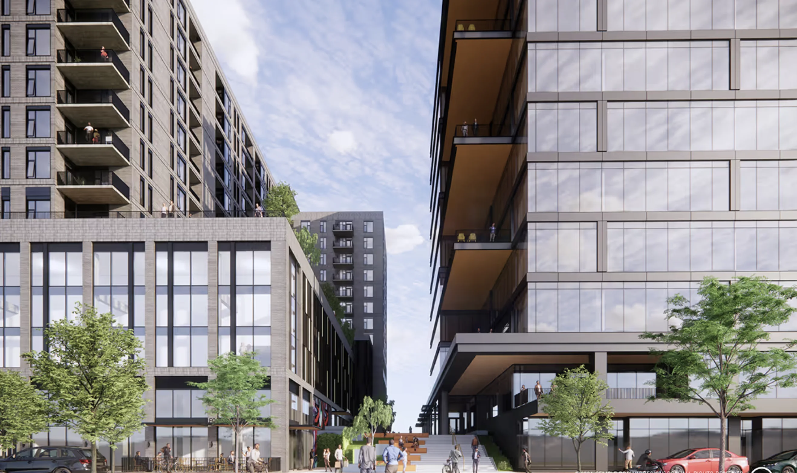 Street-level rendering of 37th Mews at Hurley Place: a pedestrian street between two buildings, stepping up to a terraced stair, with ground-floor retail and people on foot and bikes