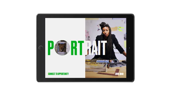 Tablet showing a Port Covington report cover reading PORTRAIT in green with a leopard in the O, beside a photograph of an artist at work
