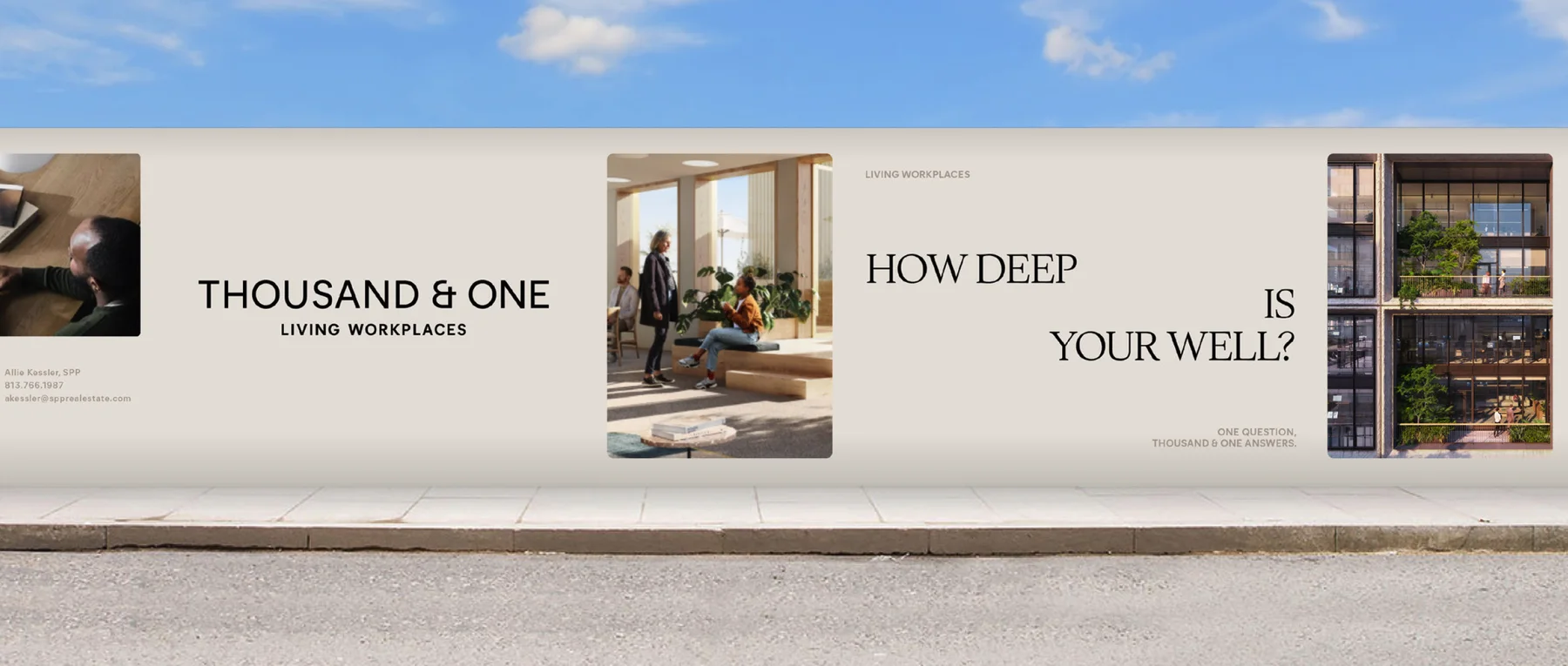 Construction hoarding for Thousand & One: the wordmark, a lounge rendering and the headline How deep is your well?