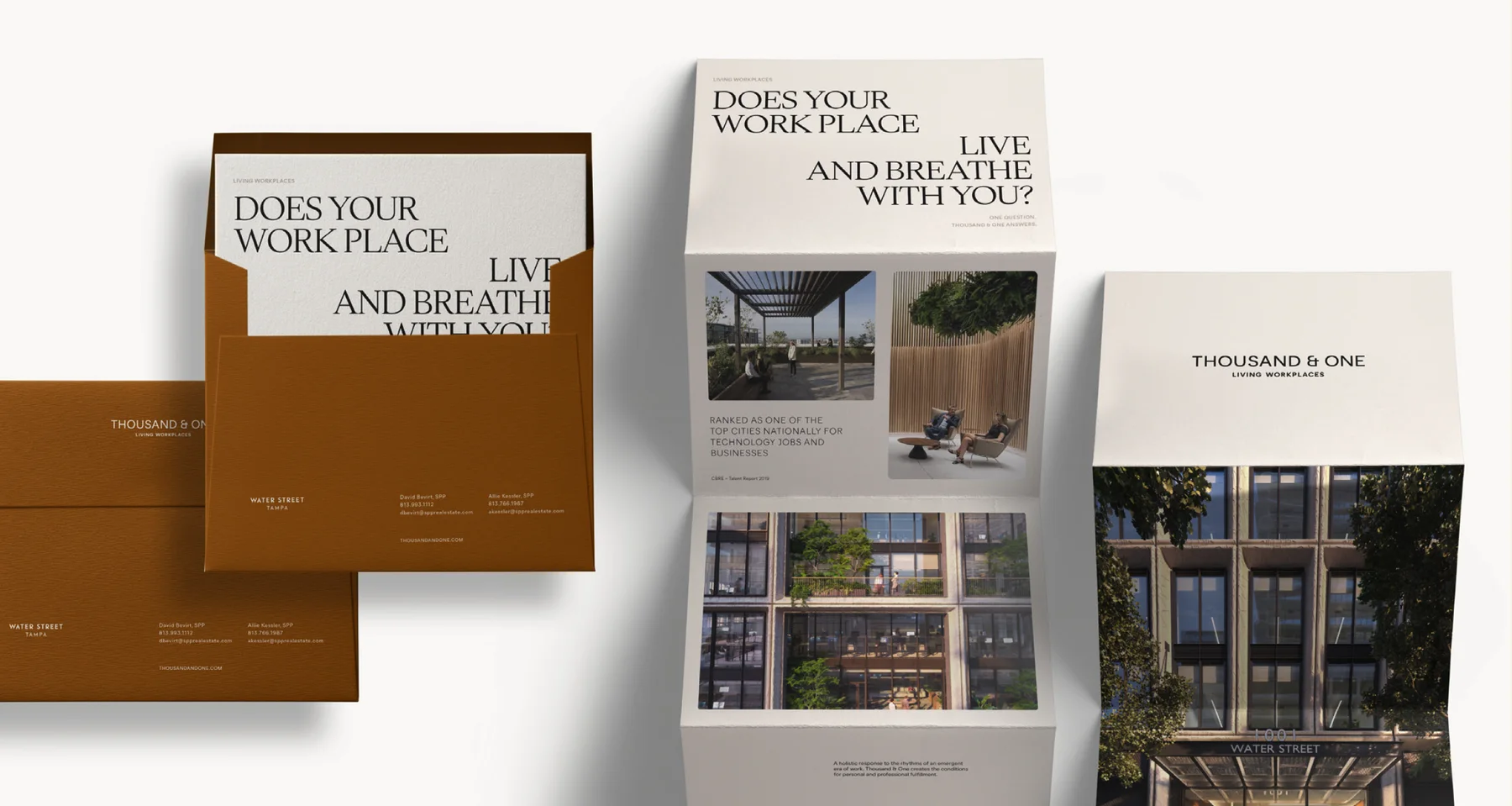 Thousand & One leasing mailer: a rust envelope, an accordion fold with the headline Does your work place live and breathe with you?, and a cover showing the entrance
