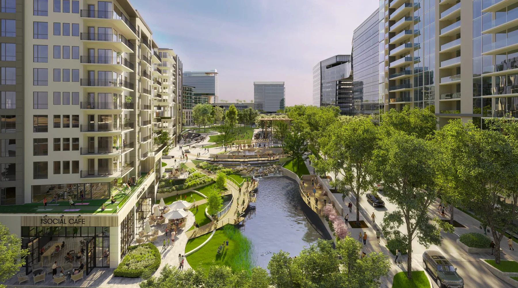 Rendering of The Exchange: the canal, park and Social Cafe between residential and office towers