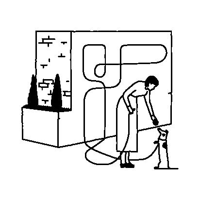 Line illustration: A neighbor and her dog by a planter wall