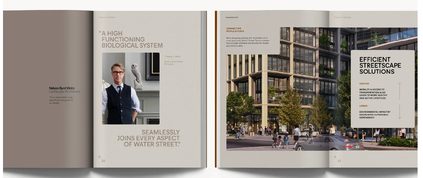 Two spreads from the Thousand & One book: a Nelson Byrd Woltz quote beside a portrait, and a streetscape rendering with the heading Efficient Streetscape Solutions