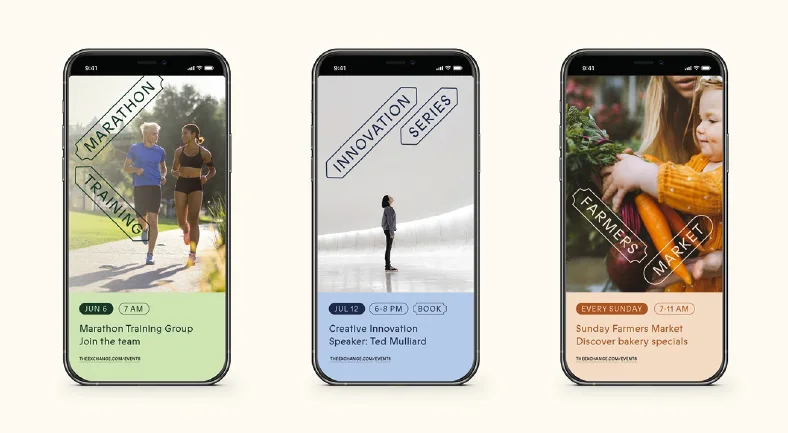 Three phone screens showing Exchange event posts