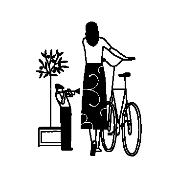 Line illustration: A woman with a bicycle and a trumpeter in a planter