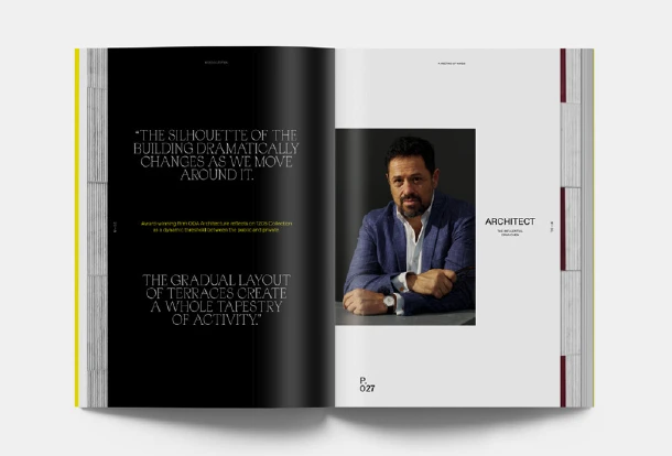 Open book spread: a black page of quotations from the architect beside a portrait of Eran Chen of ODA