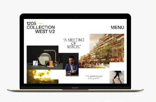 Laptop showing the 1205 Collection website: A meeting of minds, with a collage of renderings, a portrait and still life