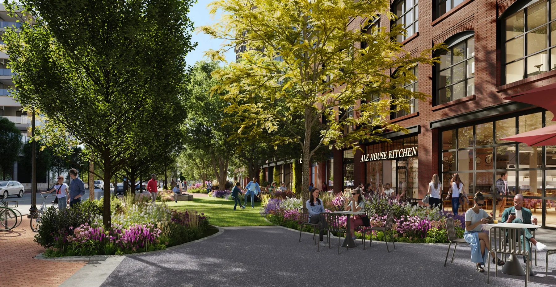 Rendering of the green between the buildings, with Ale House Kitchen and outdoor tables