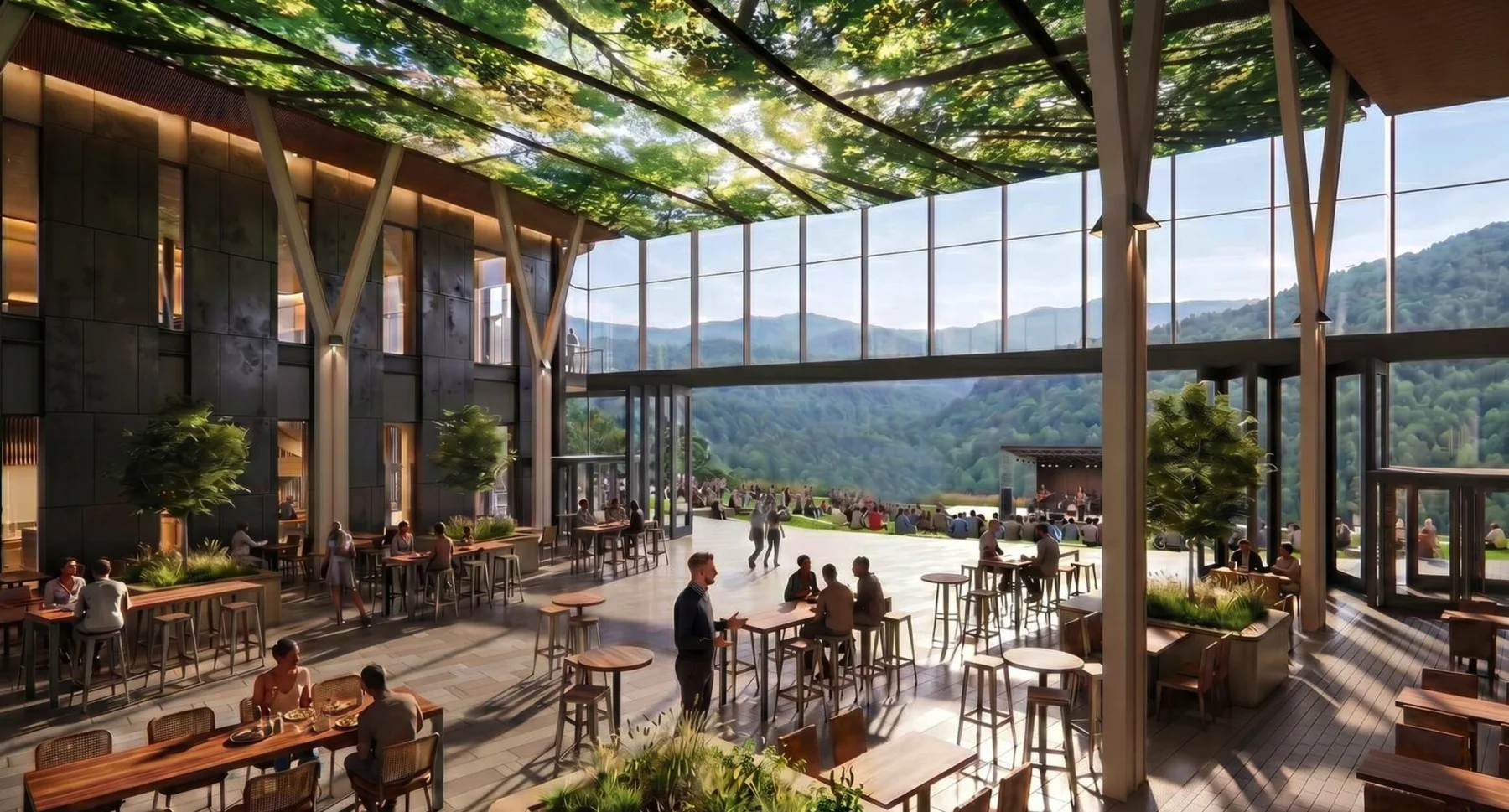 Rendering of the open-air food hall with a tree canopy roof, a stage and the hills beyond