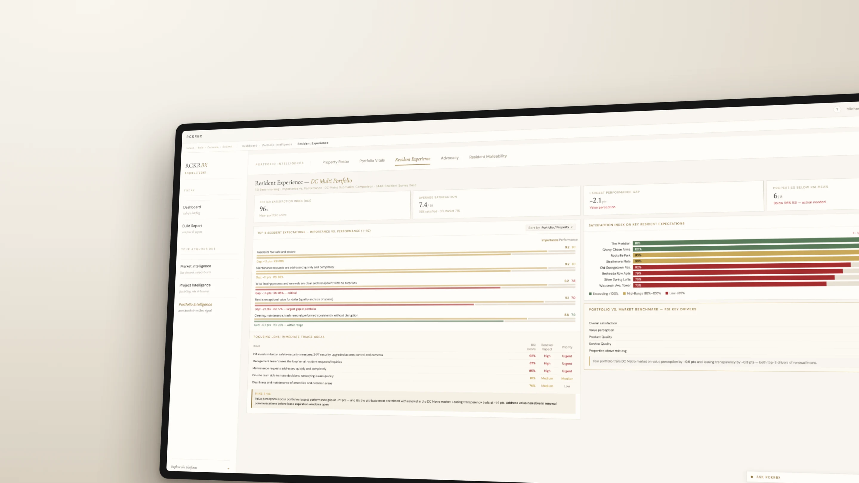 The RCKRBX 2.0 platform on a laptop, a project intelligence screen with benchmark tables