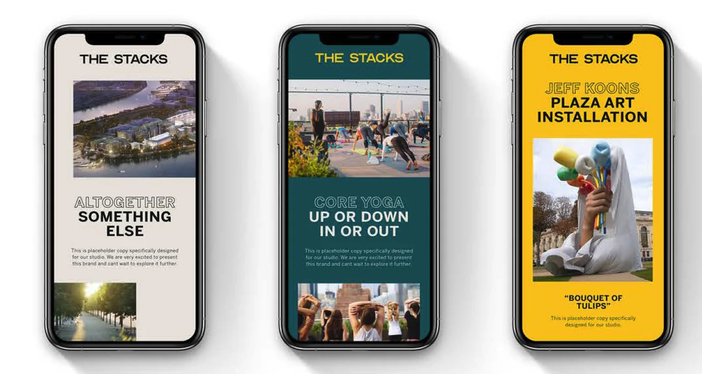 Three phone screens: Altogether Something Else, Core Yoga, and a Jeff Koons plaza art installation