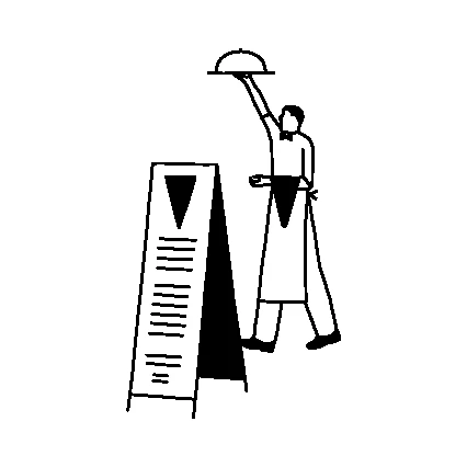 Line illustration: A waiter carrying a cloche past a menu board
