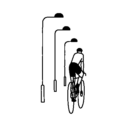 Line illustration: A cyclist under a row of streetlights