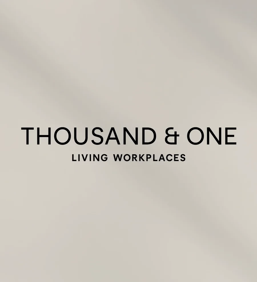 Thousand & One wordmark with the line Living Workplaces, on a warm grey ground with soft shadow