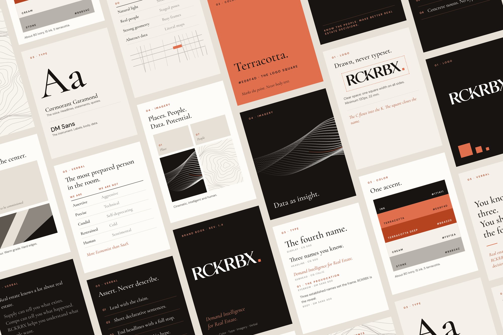 RCKRBX brand book cards laid out at an angle: logo, color, type, imagery and verbal pages in ink, cream and terracotta