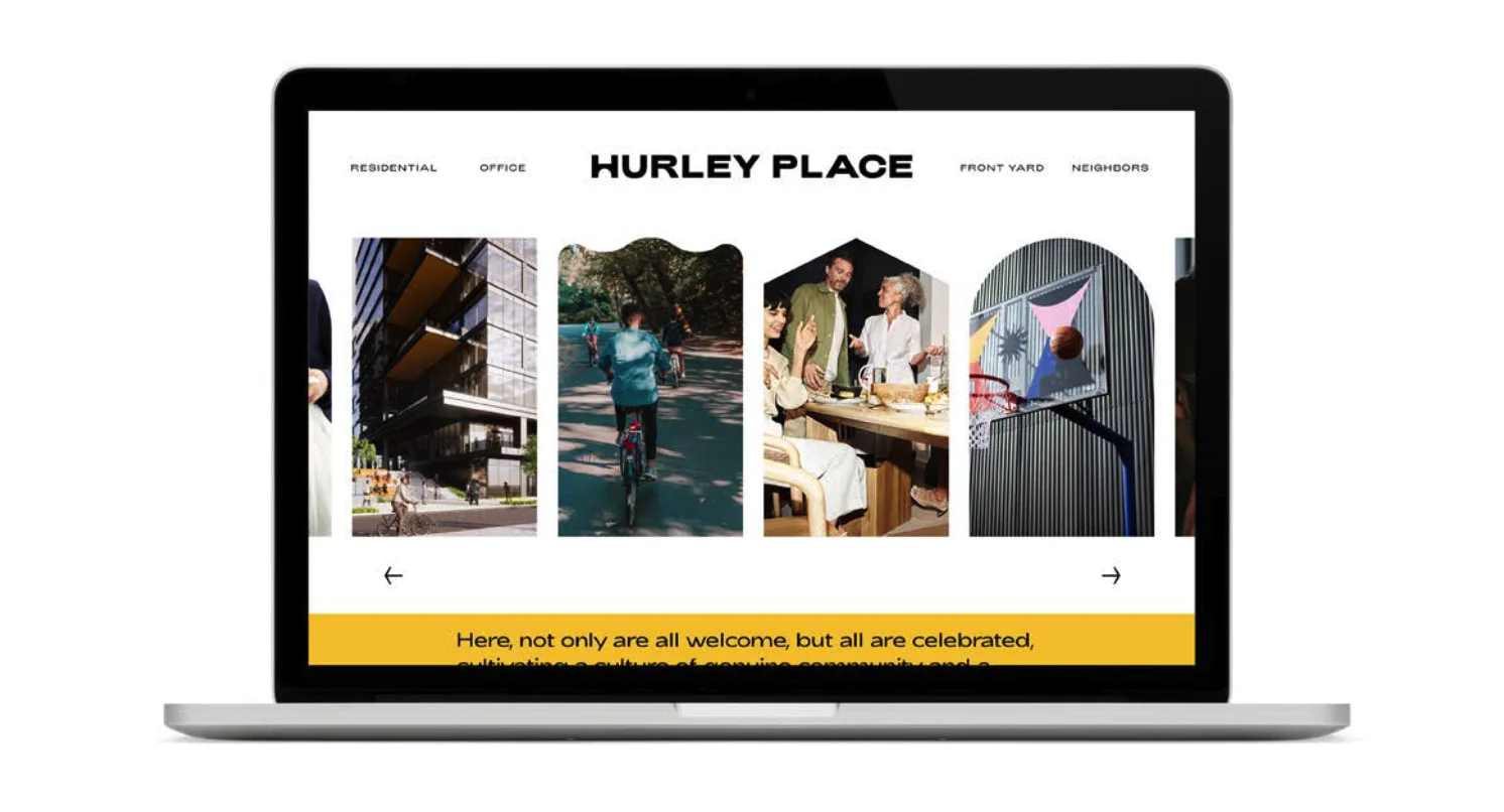Laptop showing the Hurley Place website: arched photo frames in a row above a yellow band
