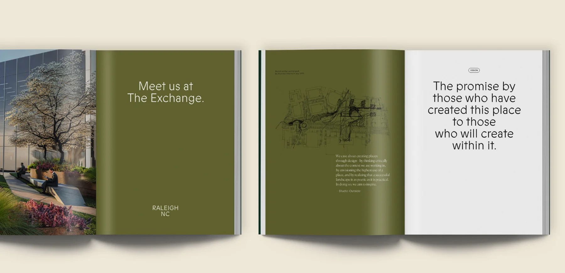 The Exchange brand book: cover reading Meet us at The Exchange, and a Vision spread with the landscape architect’s sketch
