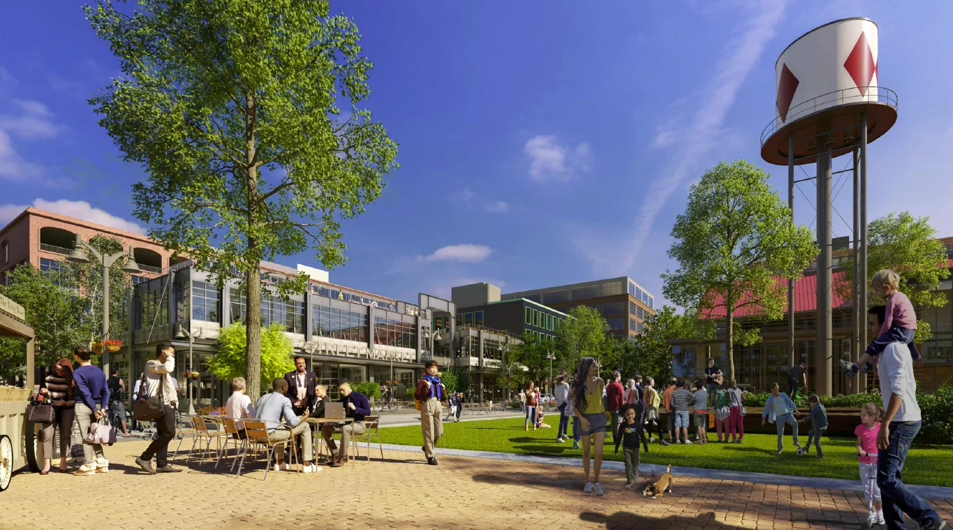 Rendering of the green beside the Rye Street Market with the diamond-pattern water tower, cafe seating under a tree and families on the lawn