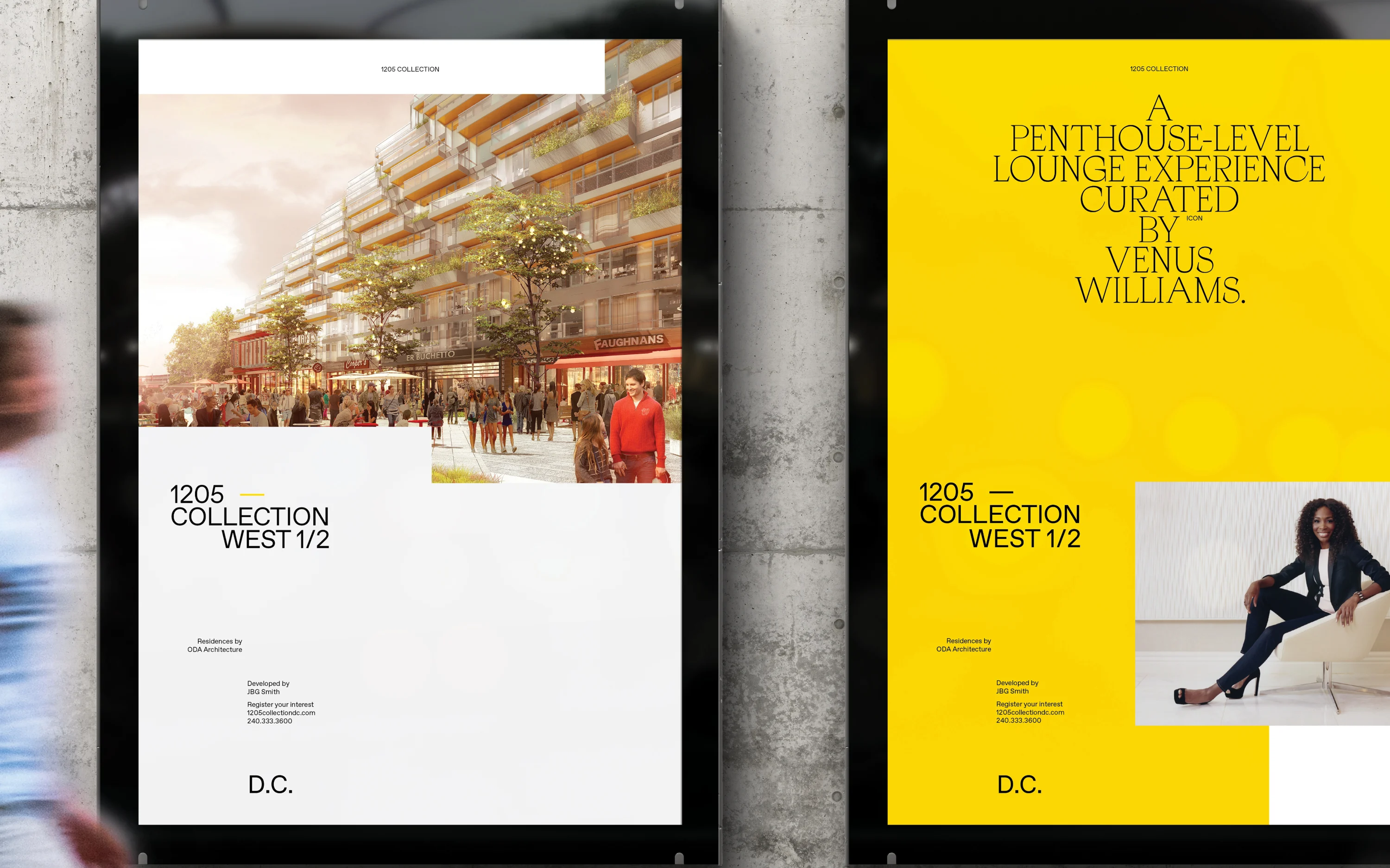 Two pre-leasing posters in lightboxes: a street rendering above the 1205 Collection West 1/2 lockup, and a yellow poster announcing a penthouse lounge curated by Venus Williams