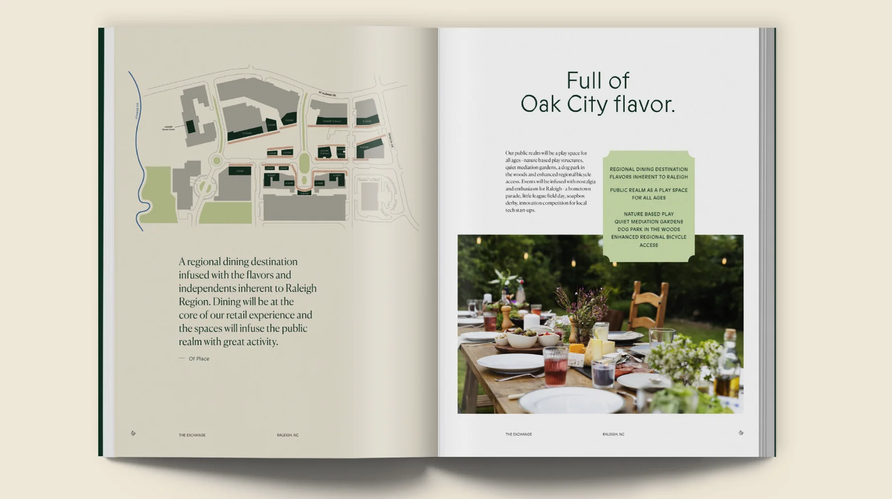 Brand book spread: the site plan and Full of Oak City flavor, with the public realm programme
