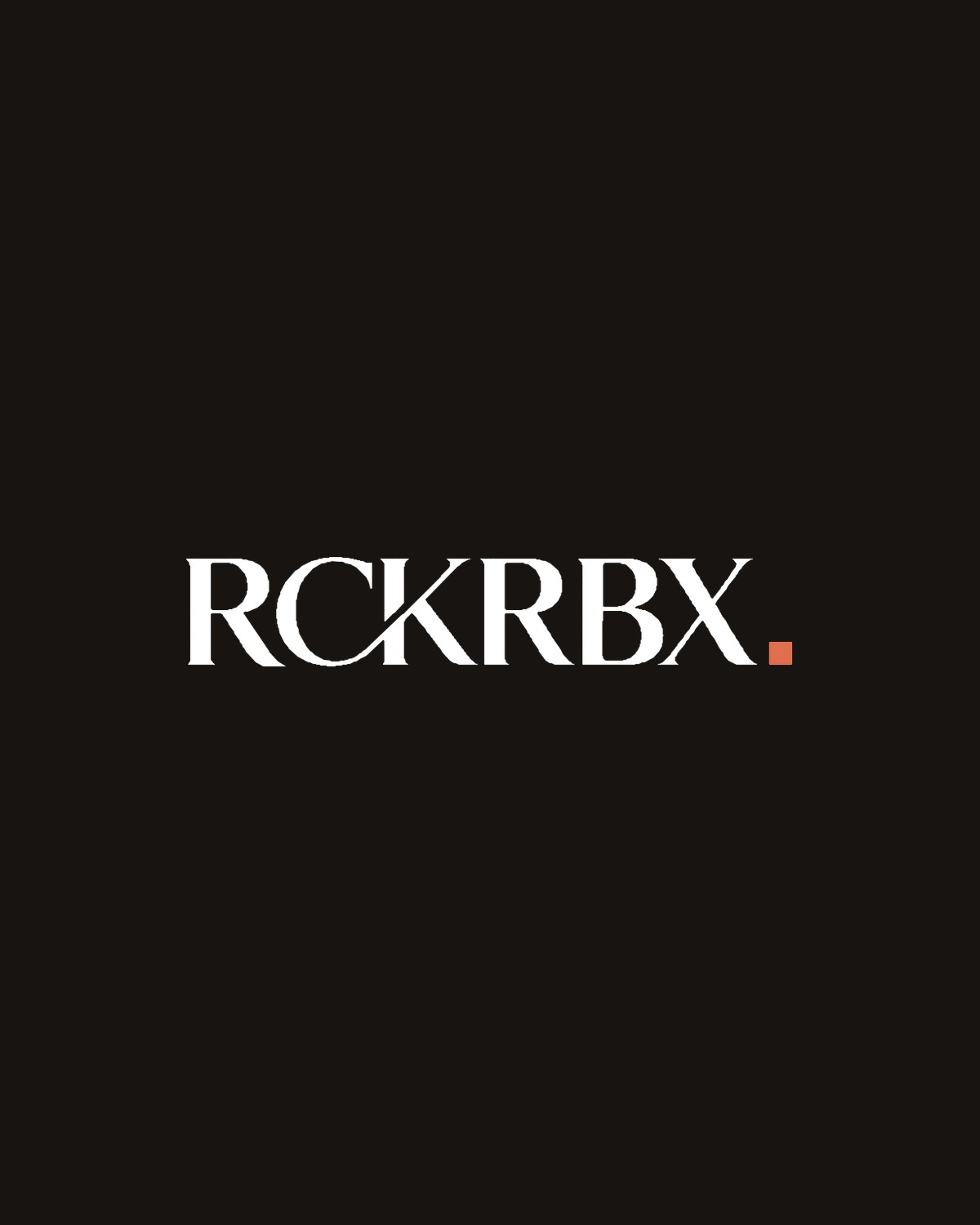 RCKRBX wordmark in cream serif capitals with an orange square, on ink
