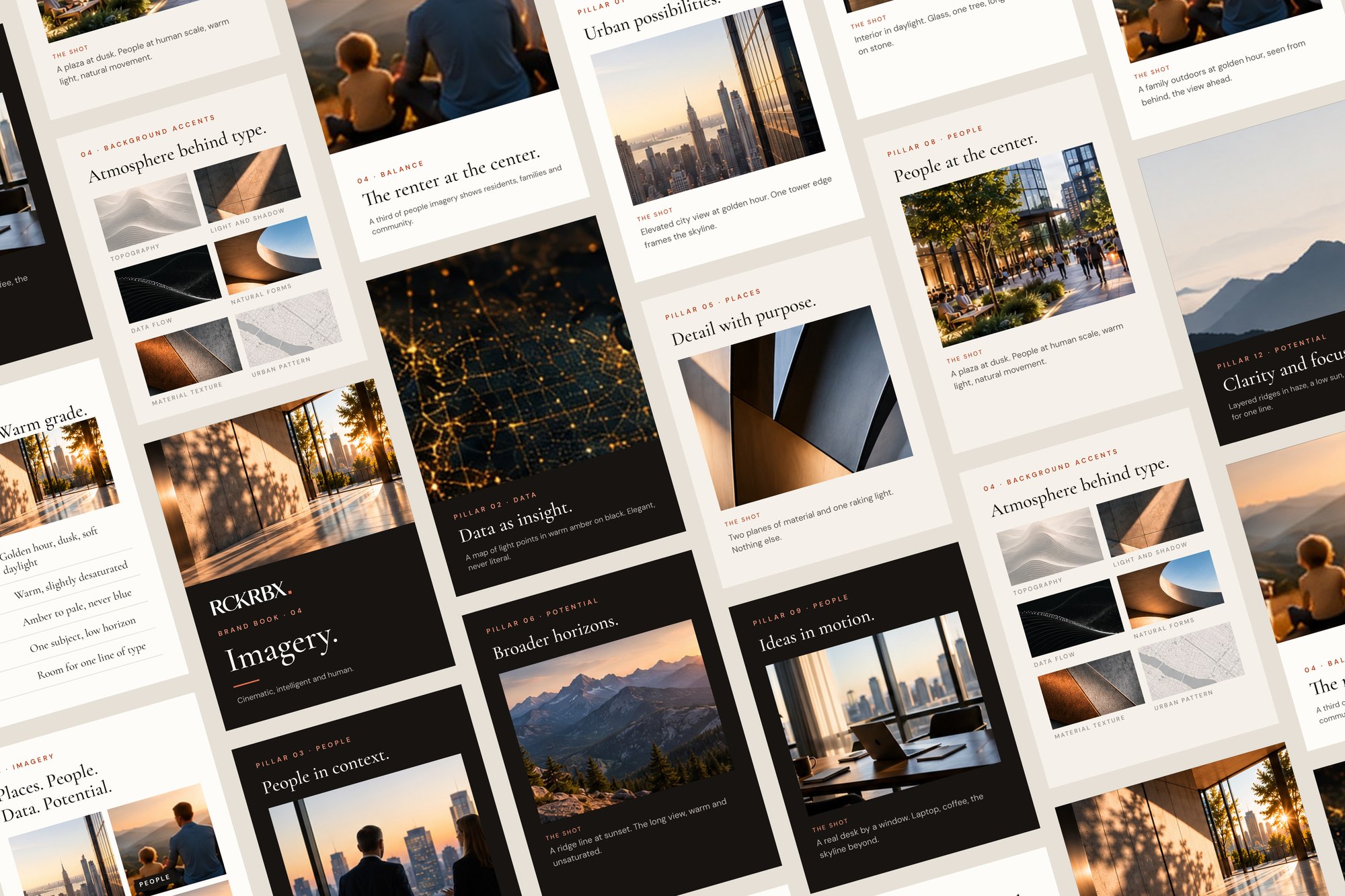 RCKRBX brand book imagery pages: golden-hour cities, people in context, data as light points, material detail and mountain horizons, each with a one-line shot note