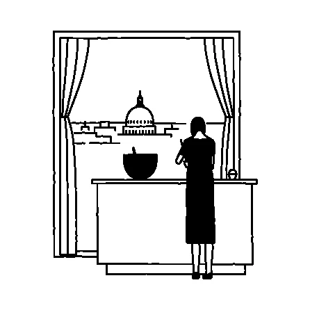 Line illustration: Cooking at the window, with the Capitol dome in the distance