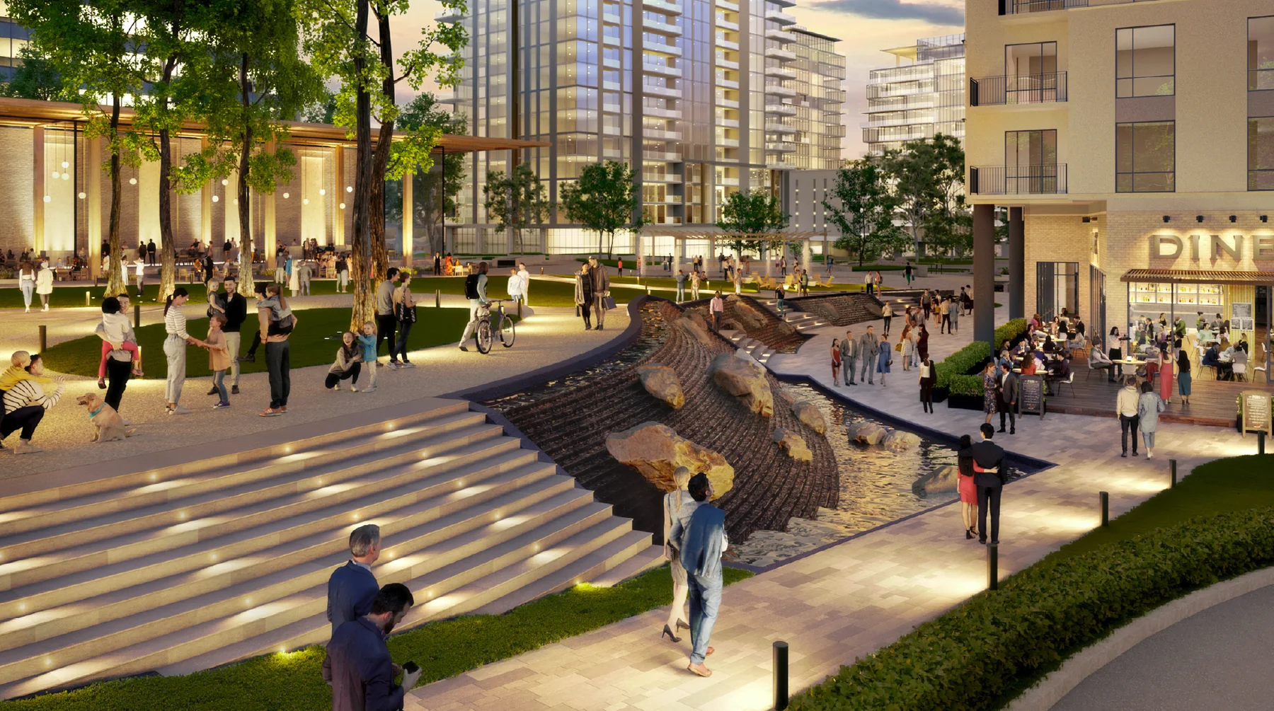 Evening rendering of the cascading water feature, lit steps and dining terrace