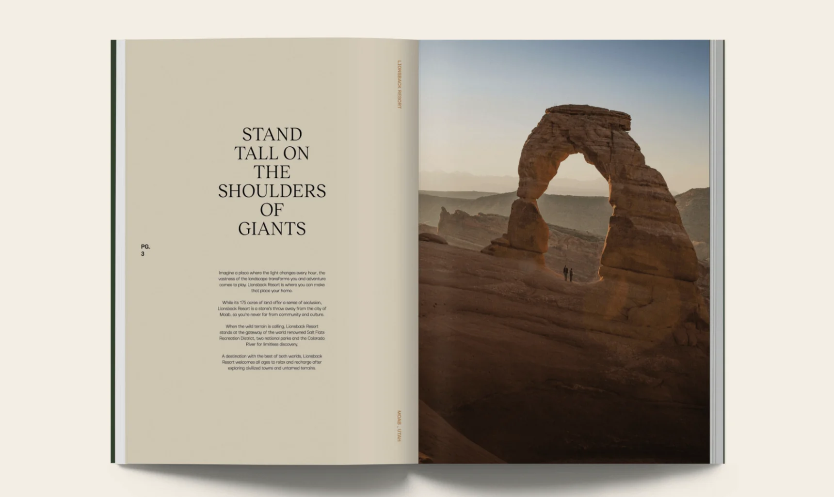Open sales book: the headline Stand tall on the shoulders of giants on the left page, Delicate Arch at sunset on the right