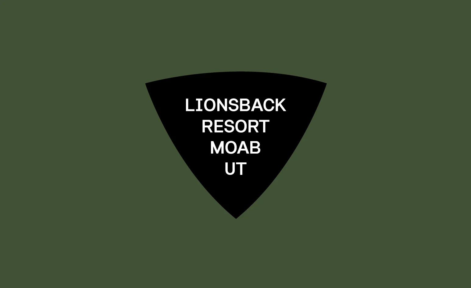 Lionsback Resort badge: a black mesa-shaped shield with Lionsback Resort Moab UT in white capitals, on sage green