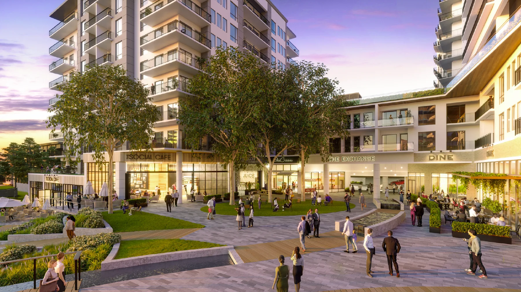 Rendering of the retail plaza at dusk: The Social Cafe, Juice, Dine and the garage entrance