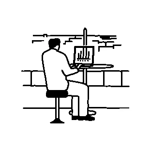 Line illustration: Working on a laptop with the Washington Monument behind