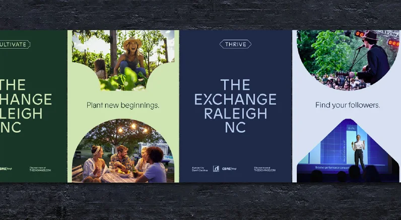 Three street posters for The Exchange Raleigh: Cultivate, Thrive, and find your followers