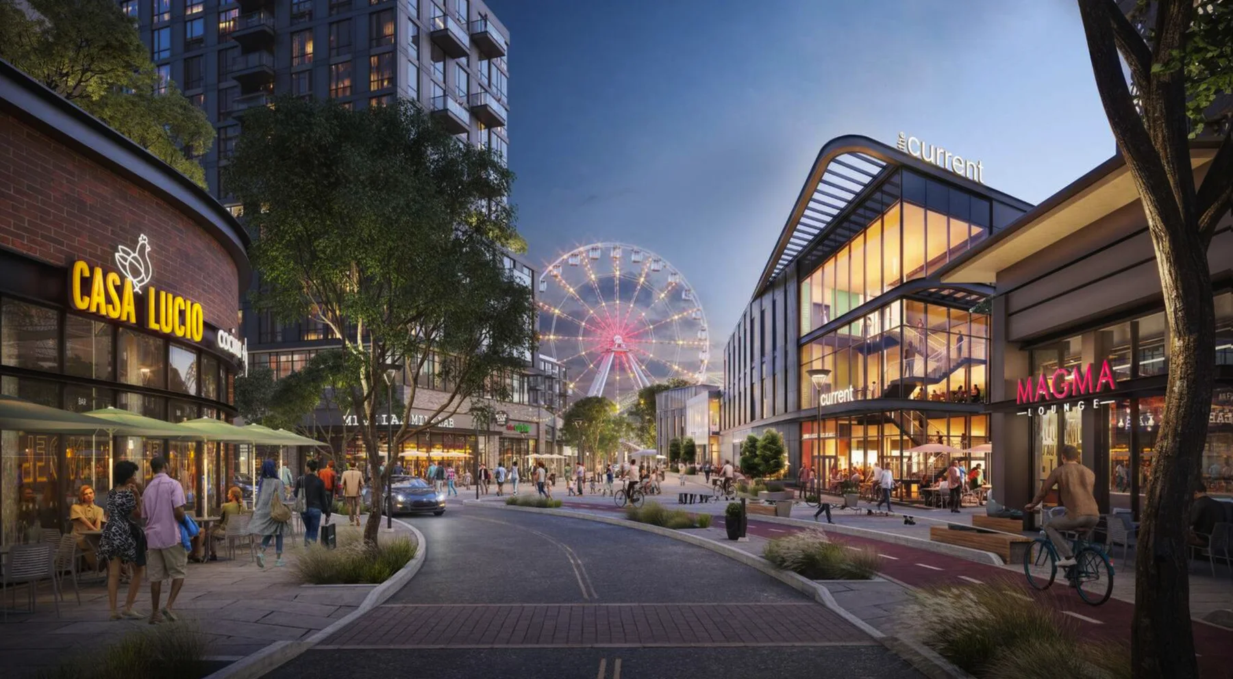 Rendering of the main street at night: Casa Lucio, Magma Lounge, The Current and the River Wheel lit up