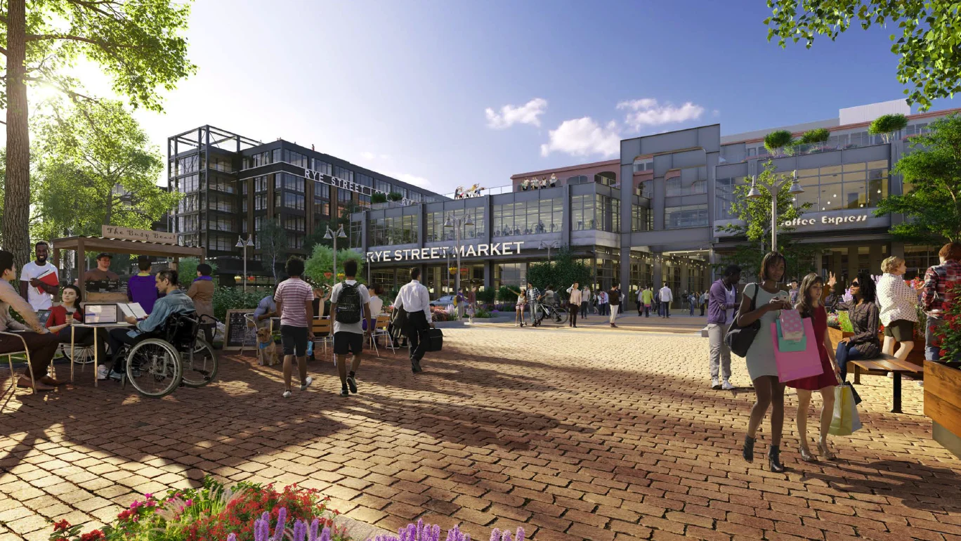 Rendering of the plaza in front of Rye Street Market, a glass-fronted market hall with a brick-paved square, cafe tables and shoppers