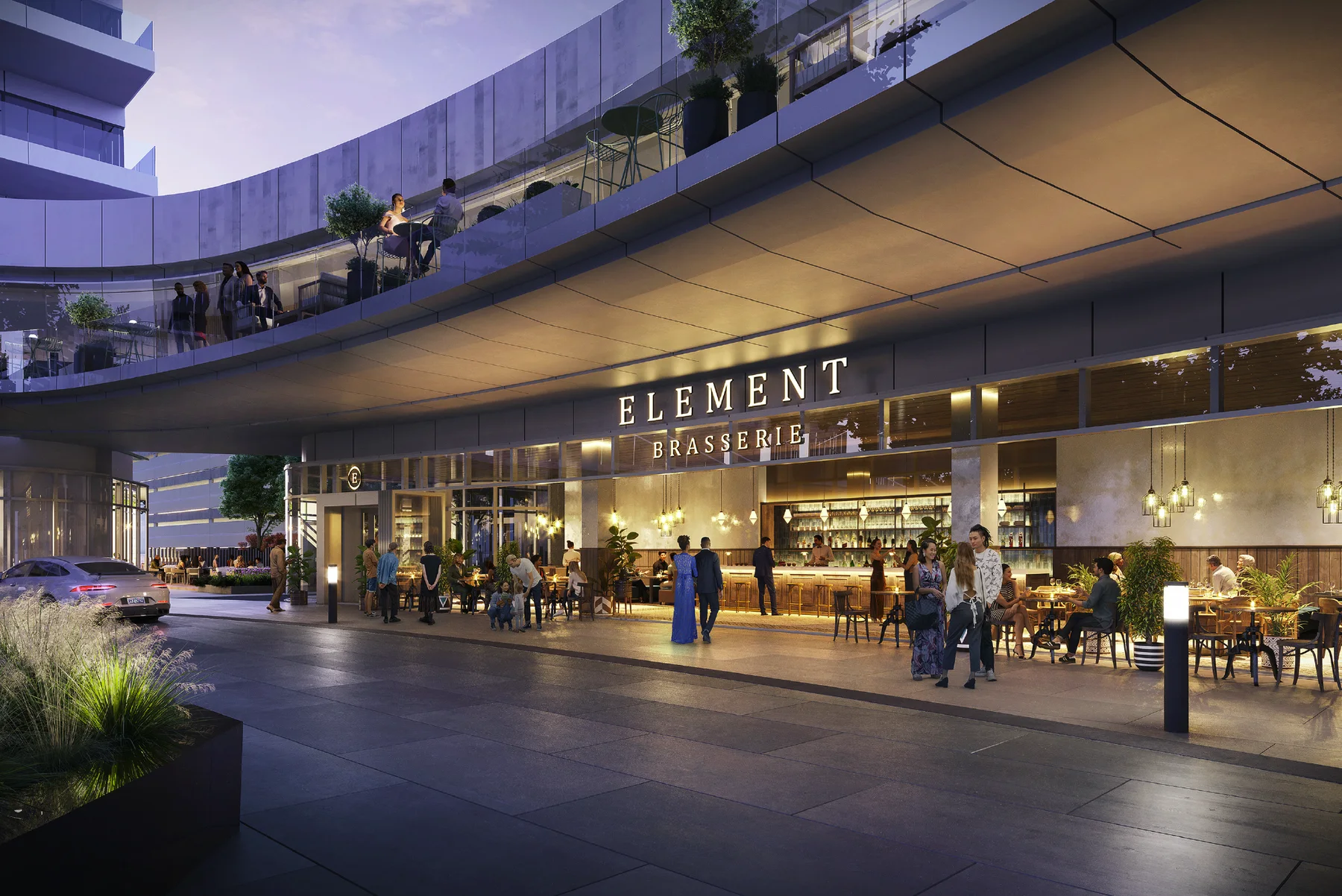 Rendering of Element Brasserie at night, with a terrace above and diners outside